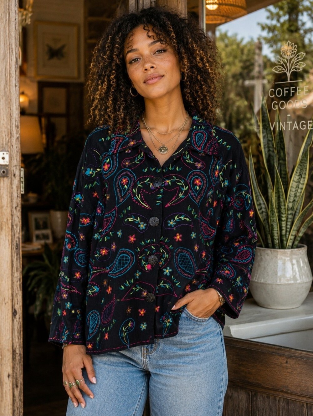Vintage 80s Embroidered black Units Jacket Linen Cotton Blend Paisley Floral XL - Picture 3 of 16